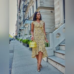 NWT Max Studio Yellow Floral Boho Midi Wrap Dress Summer Spring - Size Large